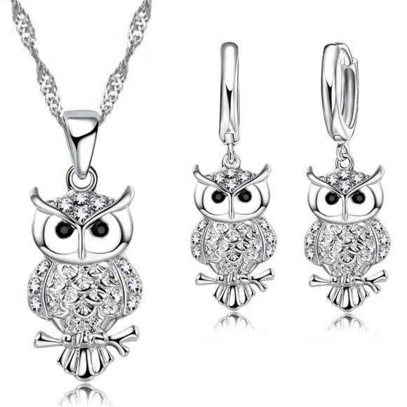 Jewelry - ❤️ 925 Sterling Silver Cute Owl Earrings And Necklace Set Love Hoop